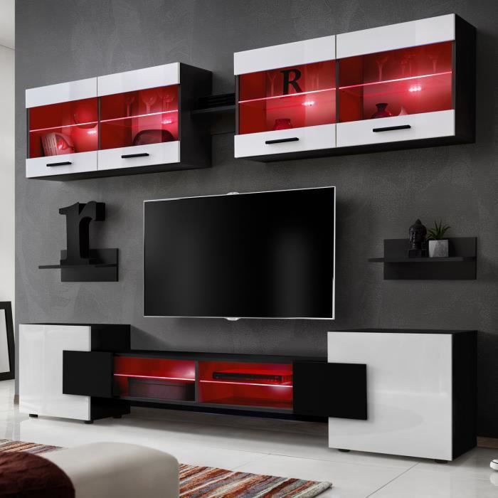 Ensemble de meubles TV Komodee - LED RGB - Blanc & Noir - Façades en Brillant - L235cm x H195cm x P35cm