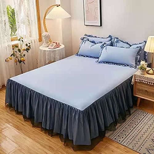 Parure Drap Housses 180x200 + Jupe Volants Dentelle + 2 Taies – Microfibre Brossée Bleu Acier, Hauteur 40 Cm
