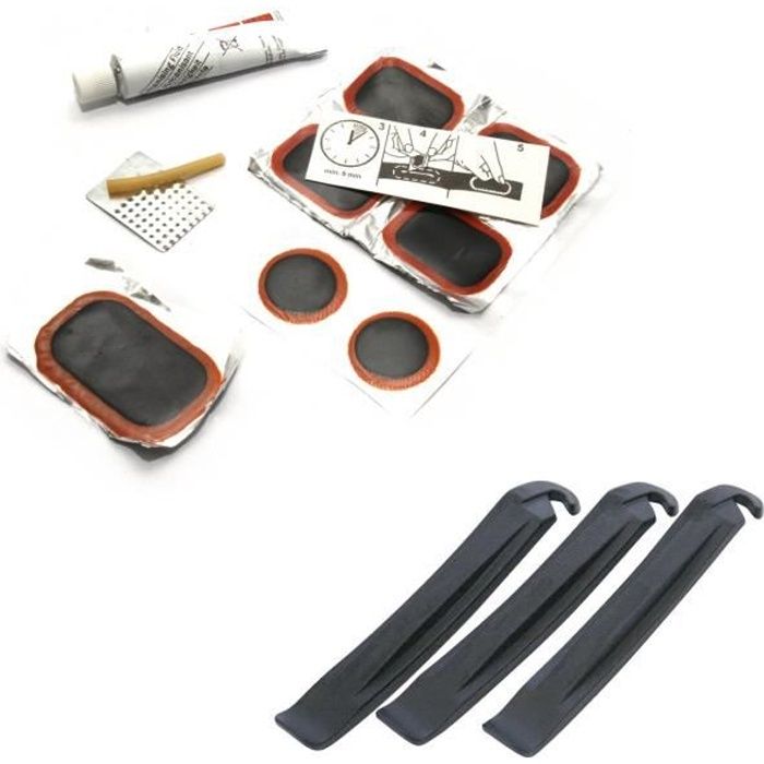 KIT DE RÉPARATION Universel VÉLO : 3X DÉMONTE Pneu + RUSTINE + Colle NÉCESSAIRE CREVAISON VTT