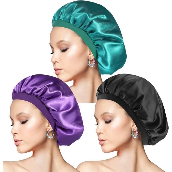 Lot de 3 bonnets de nuit en satin avec élastique pour cheveux longs pour  protéger les cheveux bouclés (Noir, Violet, Cyan) - Cdiscount Au quotidien