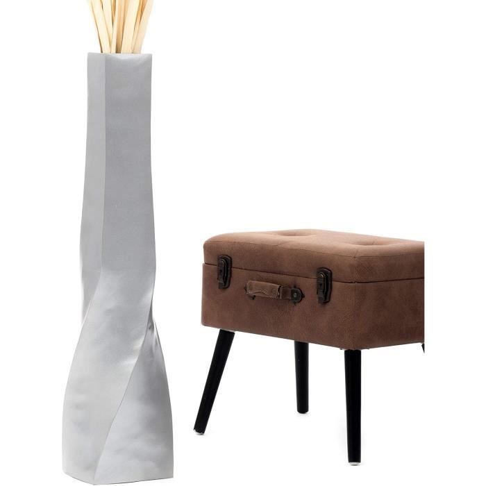 Grand Vase Poser Sol Leewadee - 90 Cm Haut - Noir - Forme Cheminée En Bambou & Raphia