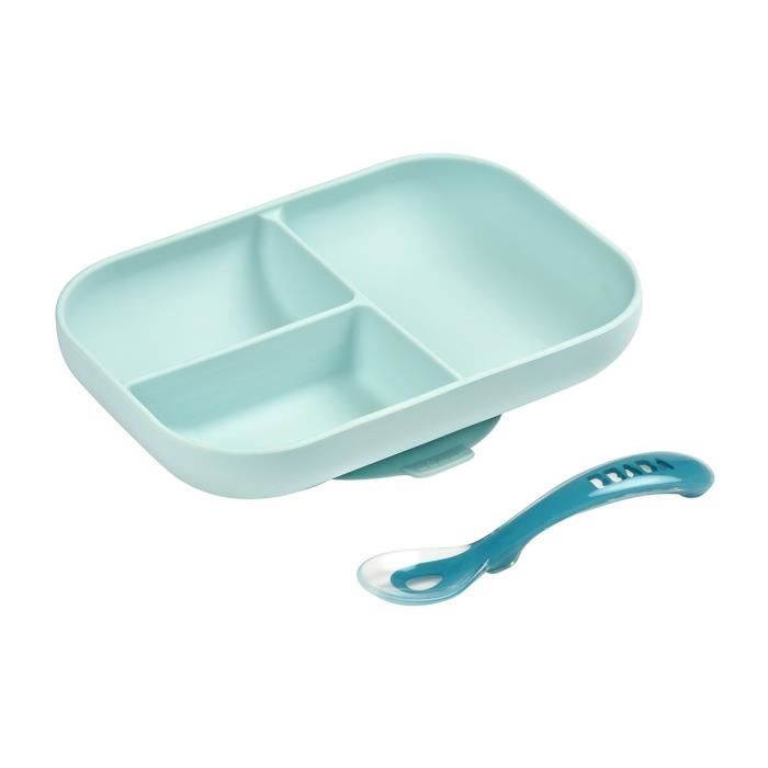 BEABA, Set Repas Bébé, Avec Ventouse, Anti dérapant, Assiette Silicone Compartimentée + Cuillère, Sain et Durable,Bleu