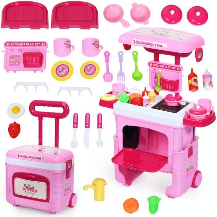 COSTWAY Cuisine Enfants Avec Son Et Lumière – 7 Accessoires, Tableau Noir, Réfrigérateur, Distributeur D'eau – Jeu De Rôle éducatif Pour Filles Et Garçons Dès 3 Ans