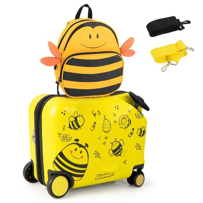 costway valise enfants à roulettes 18” avec sac à dos 12”, roues coque imperméable poignée rétractable, d'abeille, 3 ans+, jaune
