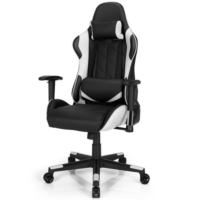 COSTWAY Chaise Gaming R&eacute;glable &agrave; Dossier Inclinable de 90&deg;-160&deg; avec Appui-t&ecirc;te Renfort Lombaire et Accoudoirs Rembourr&eacute;s Blanc