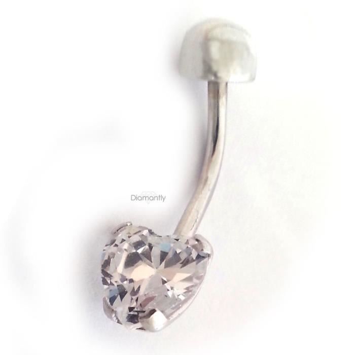 Piercing De Nombril En Or 750/1000 (18 Carats) - Forme Cœur Avec Oxyde De Zirconium - Tige 6 Mm - Neuf