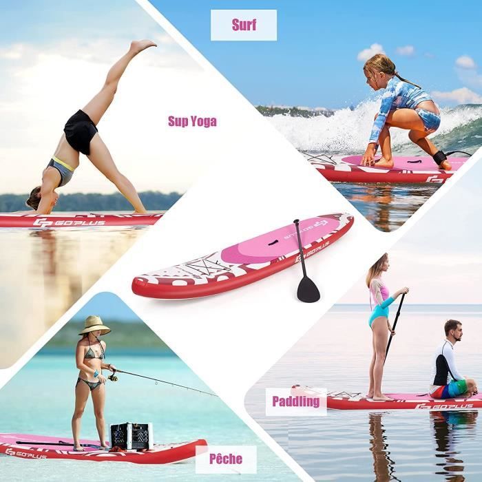 GOPLUS Planche de Surf Gonflable,Stand Up Paddle avec Sac à Dos,Pompe et Pagaie Réglable160-210CM pour Natation,Spa,Rose 325x76x15CM
