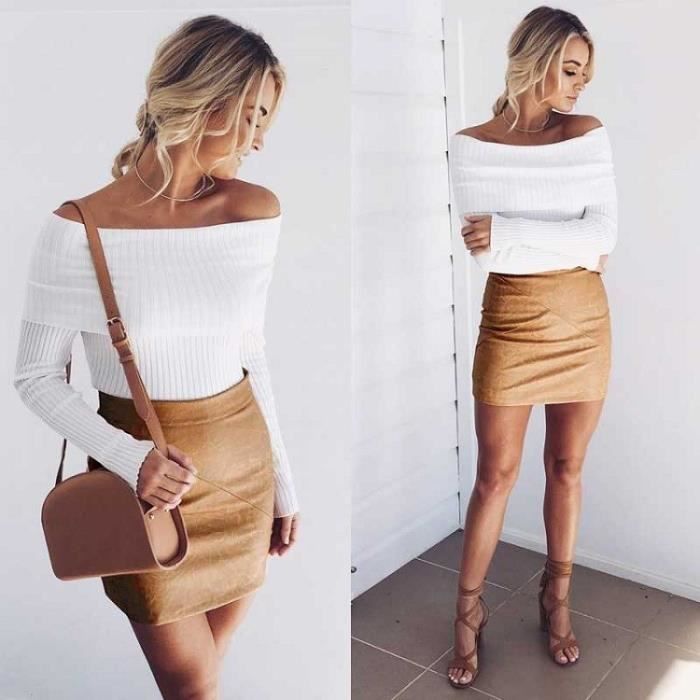 Pull Femme Tricot Tops Blouse Epaule Denudee Blanc Coton