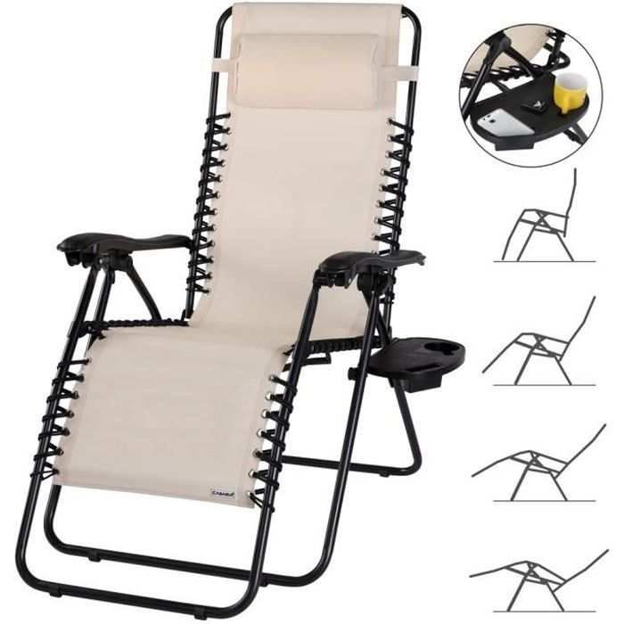 Chaise Longue Jardin Pliable Inclinable 200 Kg – Transat Rembourré Avec Repose-Pieds, Appui-Tête Amovible, Tablette Intégrée, Gris
