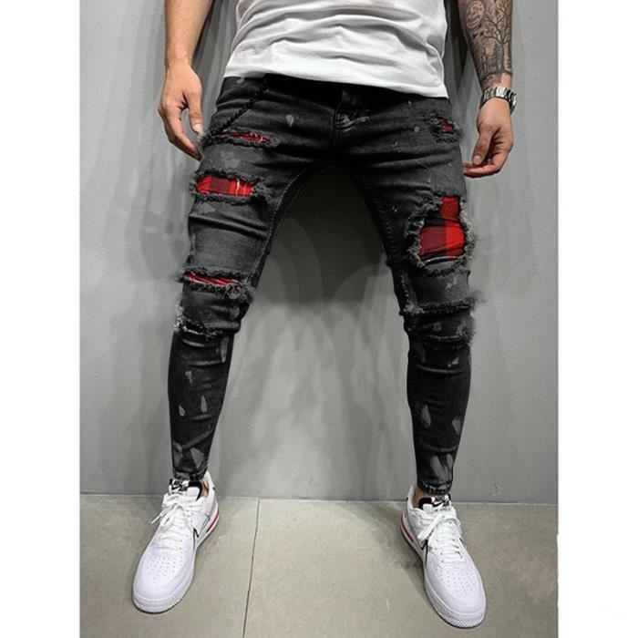 Homme Jeans Pantalon Homme Jean Dechire Stretch Ripped Skinny Slim Fit Jean Casual Mode Pantalons Crayon en Denim Jean Peinture Noir Noir Cdiscount Pret a Porter