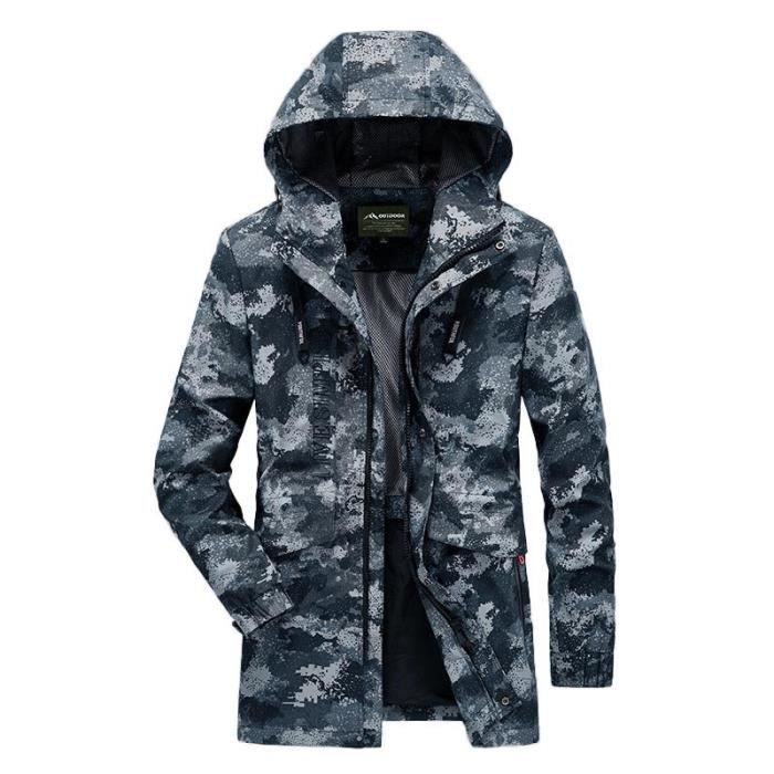 Trench Coat Camouflage Homme Mi Longue Capuche Veste Zippee