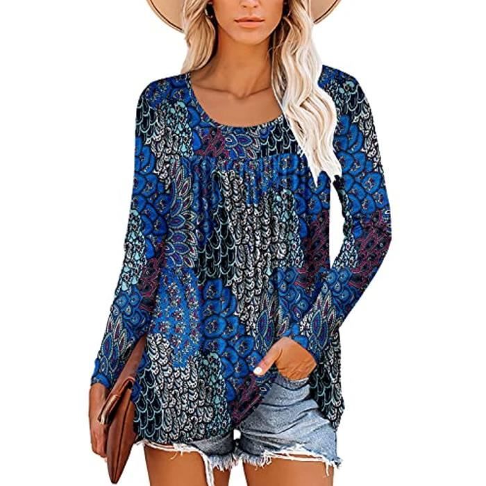 T-shirt Femme Brodé Ethnique – Manches 3/4, Coupe Ample, Coton-lin, Grande Taille – été 2025