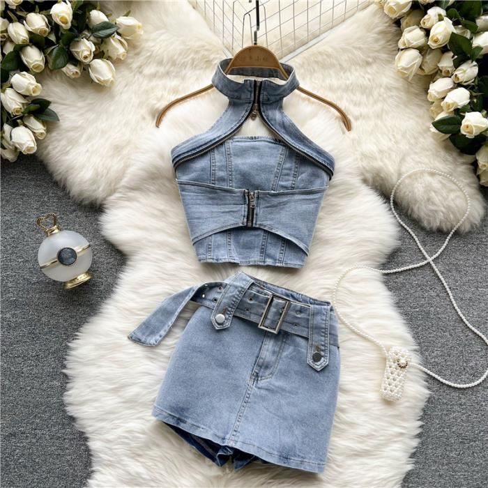 Jupe Mini jupe en jean pour femmes tenue d t Sexy col licou
