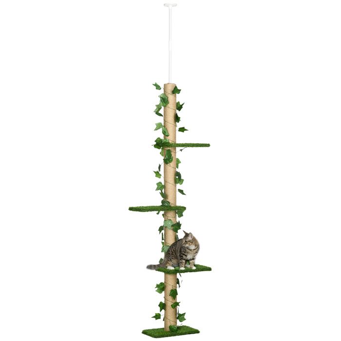 Arbre à chat - PawHut - du sol au plafond fixation réglable 4 niveaux gazon artificiel - peluche - 37x21x202-242 cm - vert