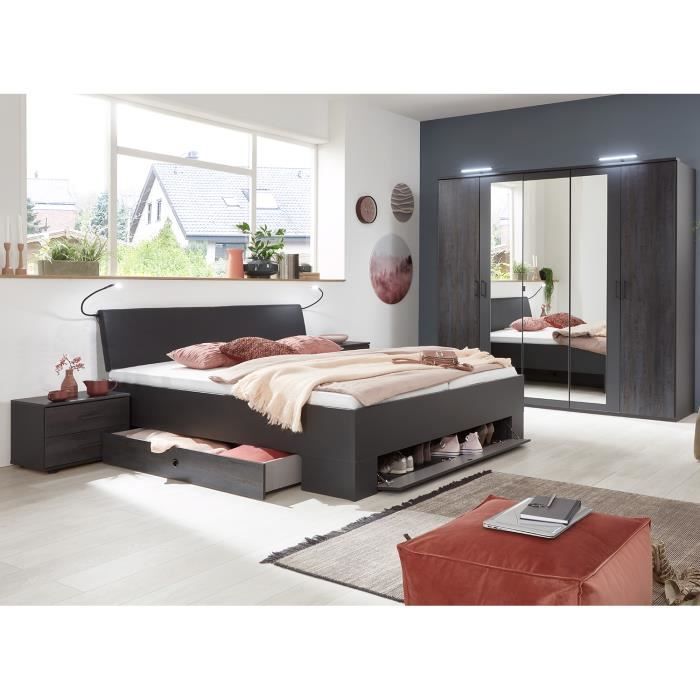 Chambre à coucher complète adulte Dallas (lit 180x200 cm King Size + 2 chevets + armoire) coloris gris foncé
