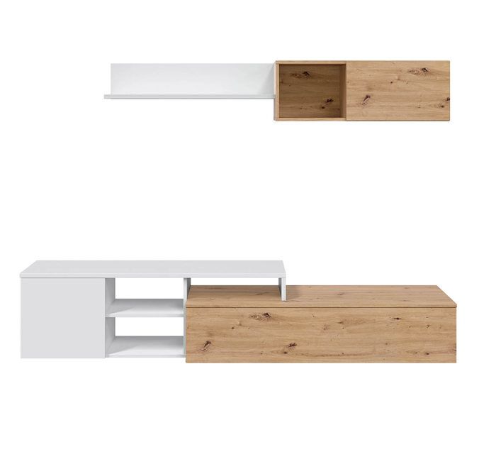 Ensemble meuble tv + étagère murale en mélamine coloris naturel blanc artik Ensemble meuble tv + étagère murale en mélamine coloris naturel blanc artik
