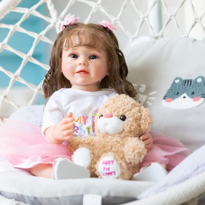 Poupée Reborn Corps Entier - Fille 50 Cm - Yeux Bleus Cheveux Bruns - Neuve
