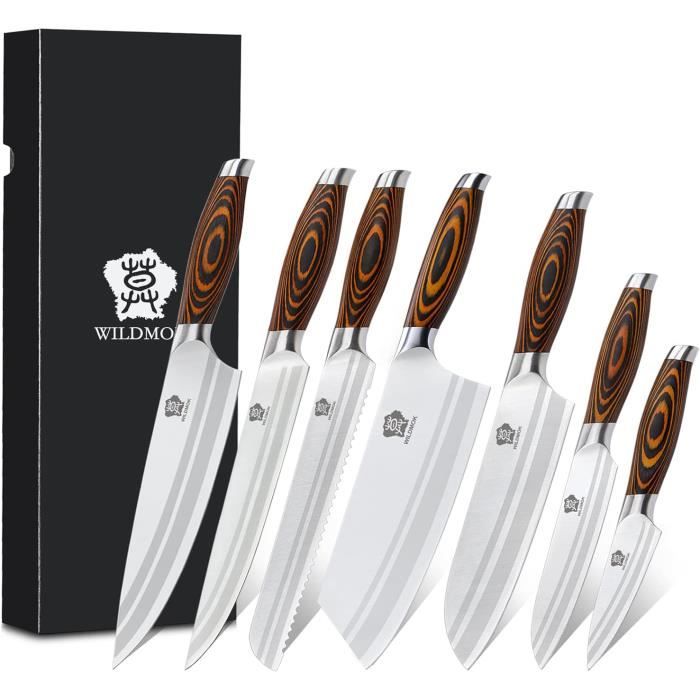 Set De 7 Couteaux De Cuisine Professionnels - Acier Inoxydable Allemand 1.4116 - Ultra-tranchants - Avec Bloc