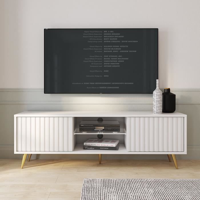 Meuble TV - SELSEY - BELLO - avec LED - 135 cm - façades à lamelles pieds dorés