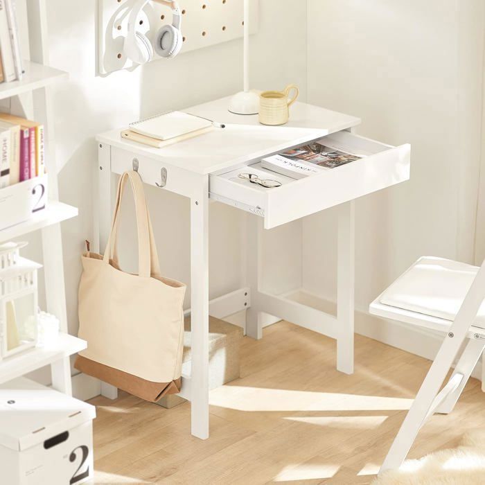 SoBuy Petit Bureau avec 1 Tiroir 2 Crochets et Étagères de Rangement Table Gaming Compacte pour Chambre Blanc 60x40x77 cm
