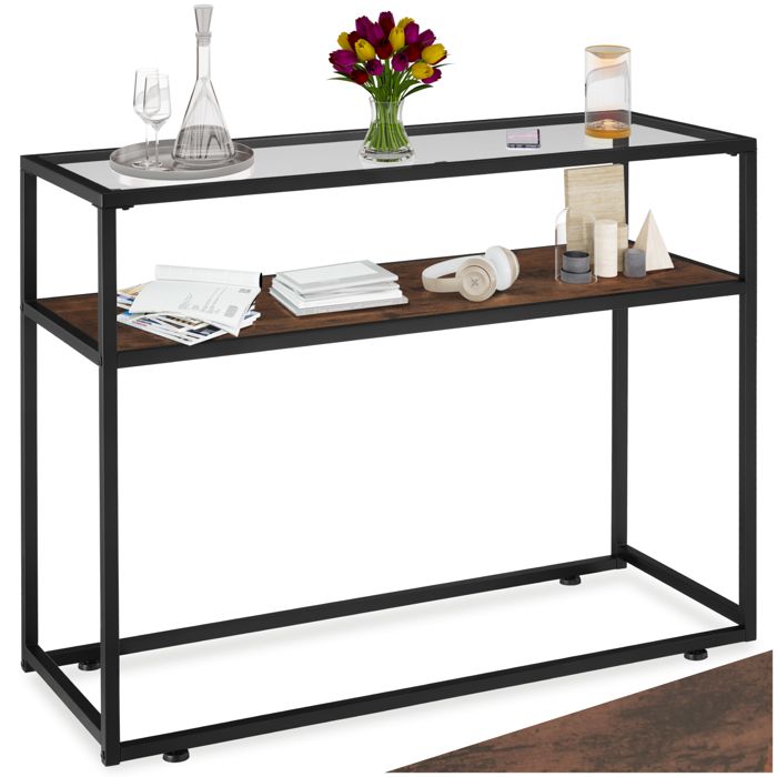 Table console - TECTAKE - Console KILKENNY au style industriel bois et acier plateau en verre 1015 x 415 x 805 cm - Bois foncé
