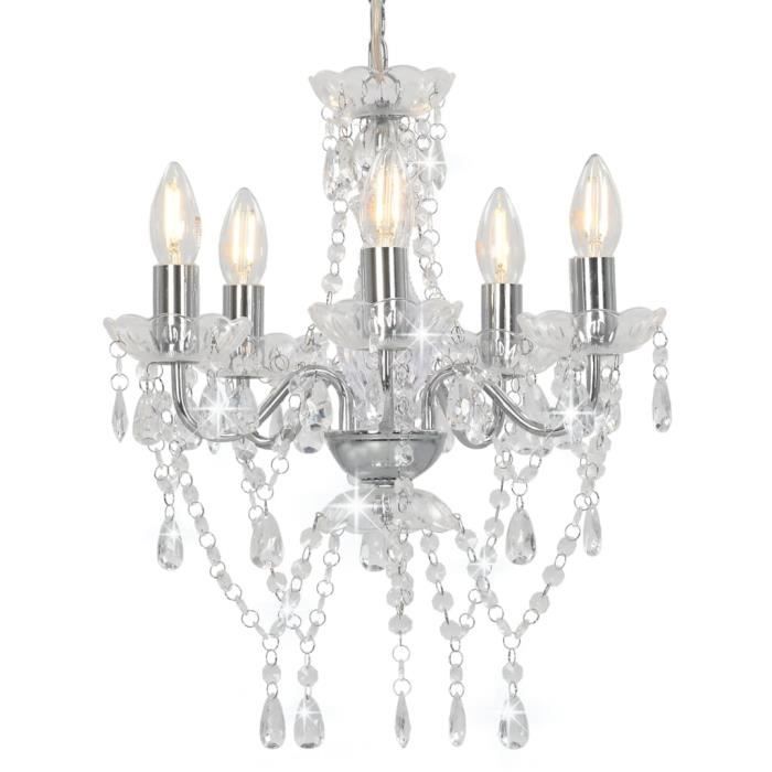 Lustre Avec Perles Blanches - 3 Ampoules E14, Diamètre 36 Cm, Design élégant Avec Bras Métallique