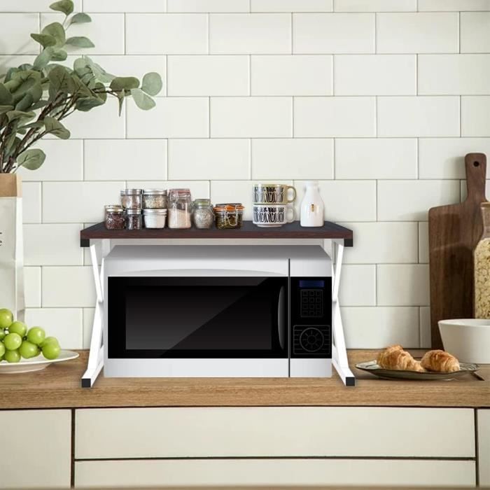 Étagère Micro-ondes 2 Niveaux – 57x38x38 Cm, Blanc/noir | Support Bois/métal, Charge 30 Kg | Pour Cuisine
