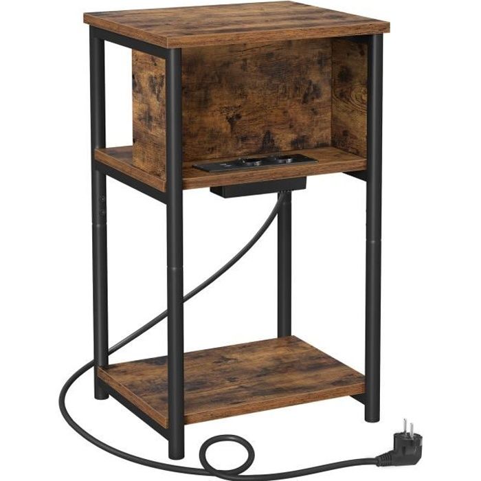 Table dAppoint - VASAGLE - 2 Prises CA - 2 Ports USB - Marron Rustique et Noir