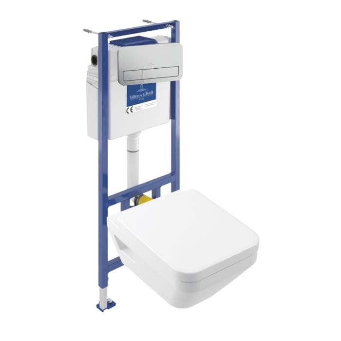 Pack WC suspendu sans bride Villeroy & Boch Architectura Twistflush [e³] rectangle + bâti support sol et mur + plaque chrome