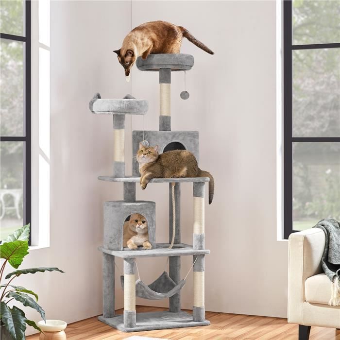 Comparer les prix de Arbre à Chat YAHEETECH - Tour à Griffer avec 2 Niches - Hamac Colonne en Sisal - Hauteur 179 cm - Gris Clair