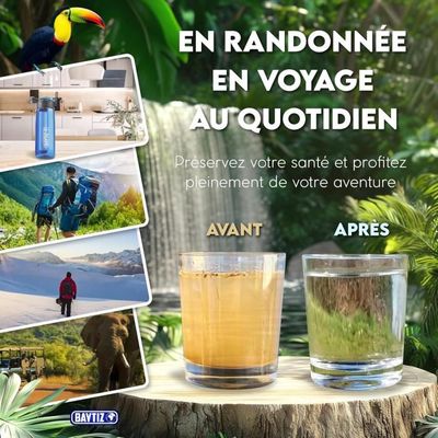 Kit Survie BAYTIZ – 2 Pailles Filtrantes + Gourde Souple – Filtre à Eau Compact – Élimine 99,9999% Bactéries – Rando, Camping, Bushcraft