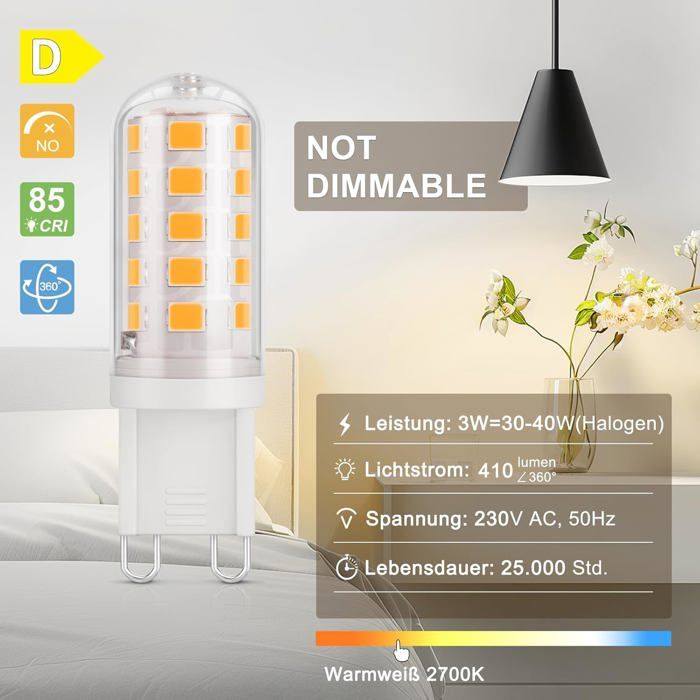 DiCUNO Ampoules LED G9 3W (Éq. 40W) Blanc Chaud 2700K - Lot De 6, 410lm, CRI 85, Base Céramique, Économie D'Énergie