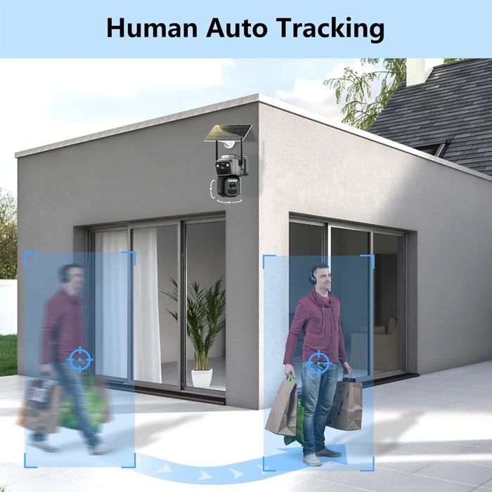Budsun 12 MP Telecamera di sorveglianza WiFi esterna a triplo obiettivo, 355 PTZ, fotocamera 3 in 1, rilevamento umano con pannello solare, monitoraggio automatico, visione a colori, audio