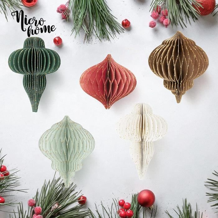 Lot De 6 Sapins De Noël En Papier Nid D'abeille - Décorations De Table 3D Vert Et Rouge | Réutilisables Et Faciles à Plier