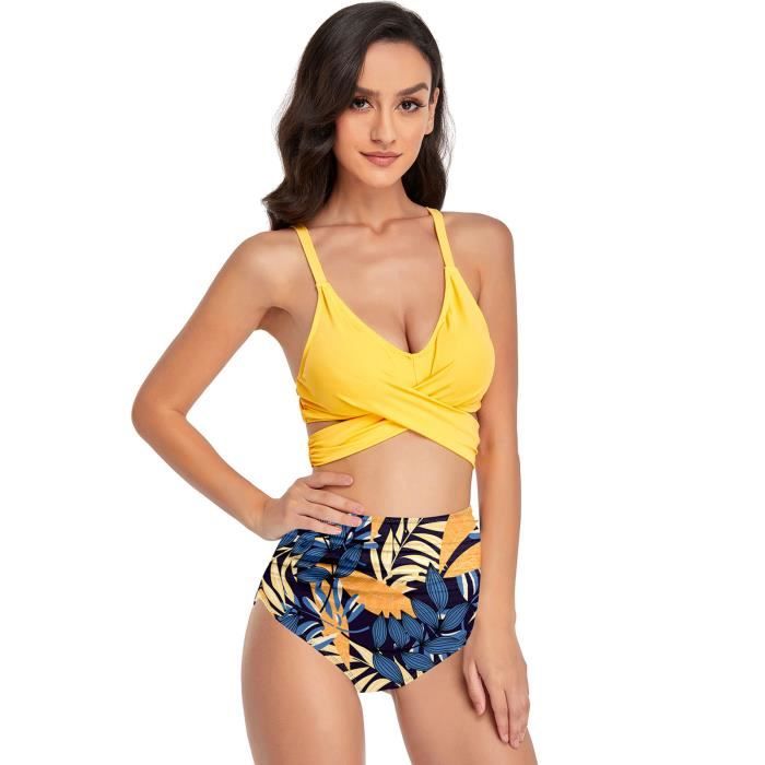 Lukcolor Maillot de bain taille haute femmes 2 pieces fleurs maillots pour bas bikini 1 Haut Pantalon Jaune Jaune Cdiscount Pret a Porter