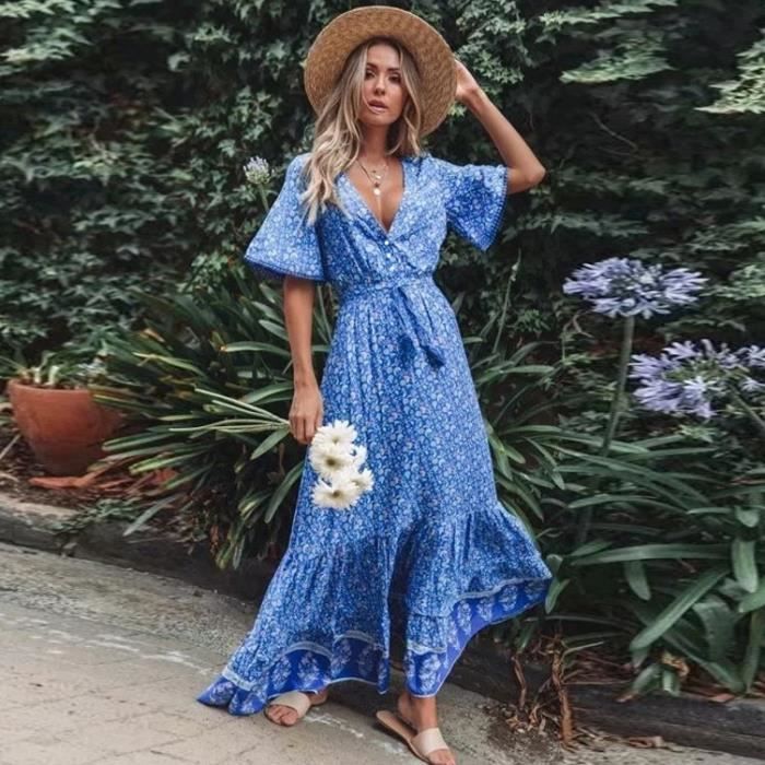 KJEHOME Femme Boheme Robe Longues ete Floral A Manches Courtes Split Wrap Maxi Robe vert Vert Cdiscount Pret a Porter
