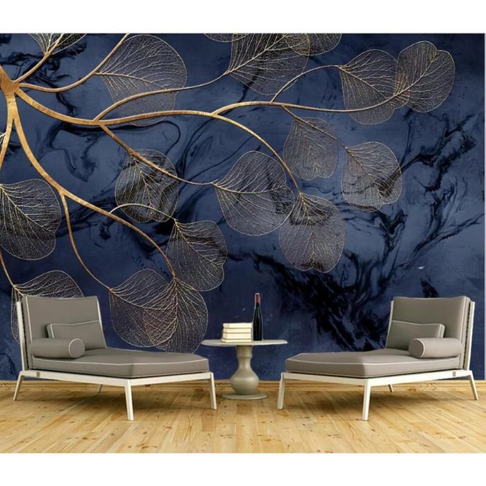 Fresque Murale Papier Peint 3D Feuilles DOr Fond DArt Bleu Branches ...