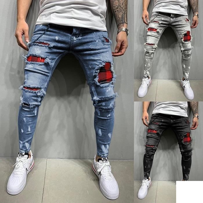 Homme Jeans Pantalon Homme Jean Dechire Stretch Ripped Skinny Slim Fit Jean Casual Mode Pantalons Crayon en Denim Jean Peinture Noir Noir Cdiscount Pret a Porter