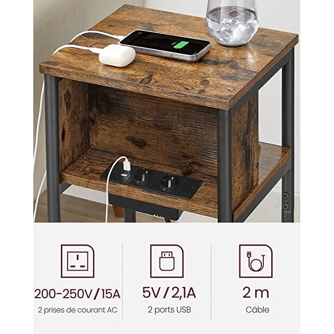 Table D'Appoint Avec Prise AC Et USB - 2 Prises + 2 Ports USB, Plateau 40x40 Cm, Panier De Rangement, Blanc, Pour Salon Et Chambre
