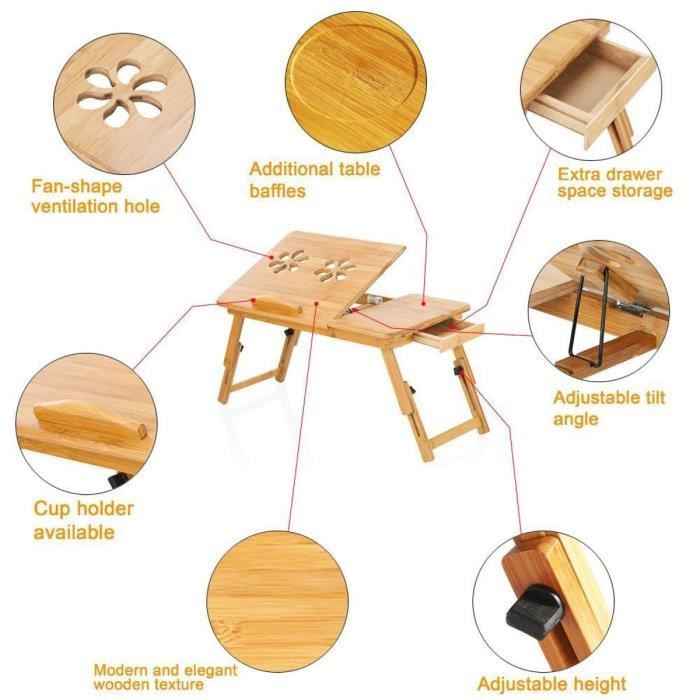 Table de lit à plateau inclinable en texture bois sur roulettes