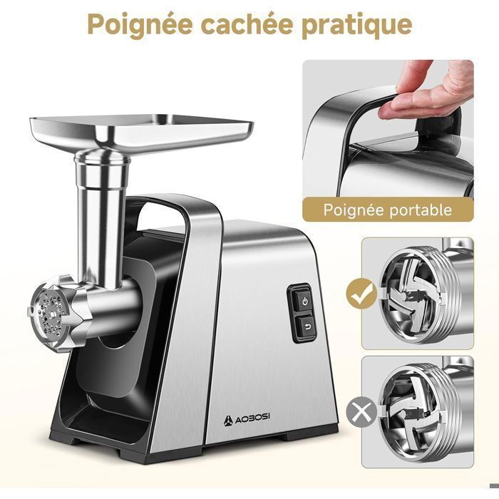 AAOBOSI Hachoir à Viande électrique 4 En 1 [2800 W Max] Avec 3 Tranches, 3 Lames De Déchiquetage, 2 Lames, 4 Assiettes, Machine à Saucisses, Kit Kubbe, Pour Usage Domestique Et Cuisine En Acier