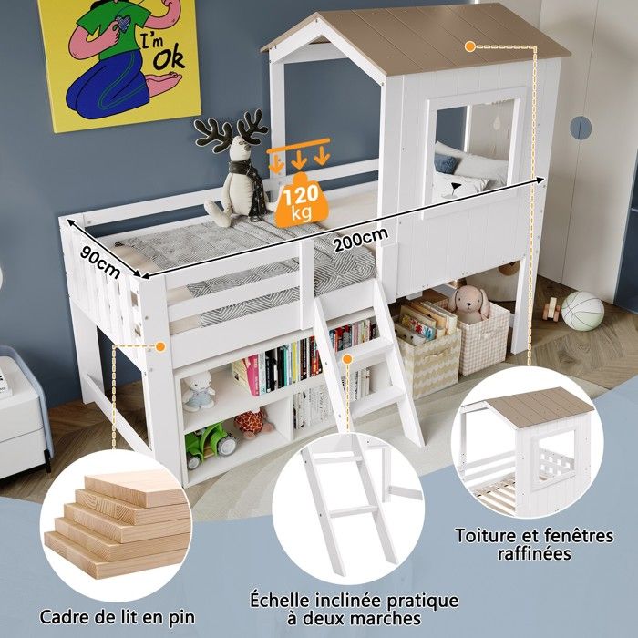Lit Mezzanine 90x200 Avec Escalier Sécurisé Barrières De Protection 2
