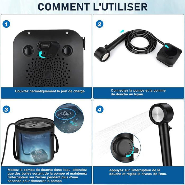 Douche De Camping Portable HiyyFloy – Pompe Rechargeable 6000mAh, Seau Pliable 20L, 5 Modes, écran LED, étanche