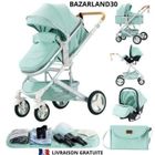 BAZARLAND30.Poussette 3 en 1 Bébé Combinée Siège-Auto Nacelle Trio Réversible Réglable Haute Qualité Roues increvables Canne - vert