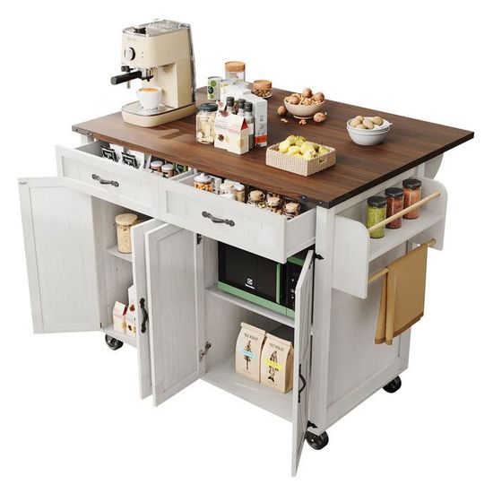 Îlot Central Cuisine Giantex 120x61x92 Cm - Plan De Travail Extensible, Placard, Tiroirs, Étagères Réglables, Blanc