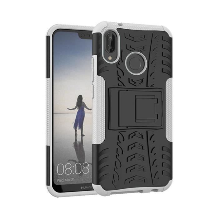 Coque Huawei P20 Lite - Double Couche Protection Antichocs Etui Housse Huawei P20 Lite (5.84-) avec Béquille - Blanc