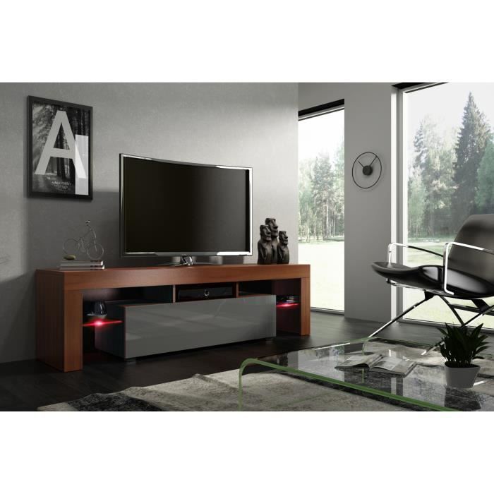 Meuble tv noyer mat avec façade laquée et led RGB