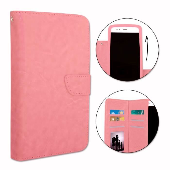 Etui housse folio pour ZTE Blade Vantage format portefeuille en éco-cuir rose avec double clapet intérieur porte cartes, fermeture