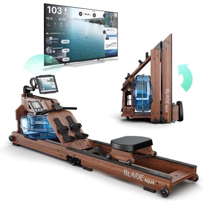 Bluefin Fitness Blade Aqua W-1 - Rameur à Eau électrique - 100% Bois de frêne - Rameur Pliable pour Usage à Domicile - Ecran LCD + M