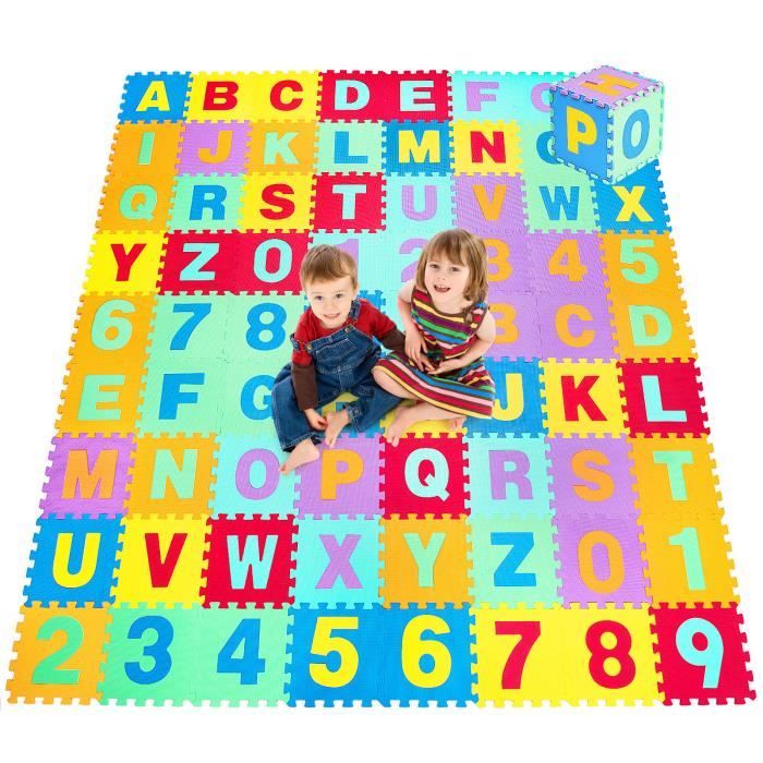 DREAMADE Tapis de Jeu pour Enfants en Mousse EVA, Tapis de Puzzle 72 Pièces avec Alphabets et Chiffres Détachables pour Tout-Petits